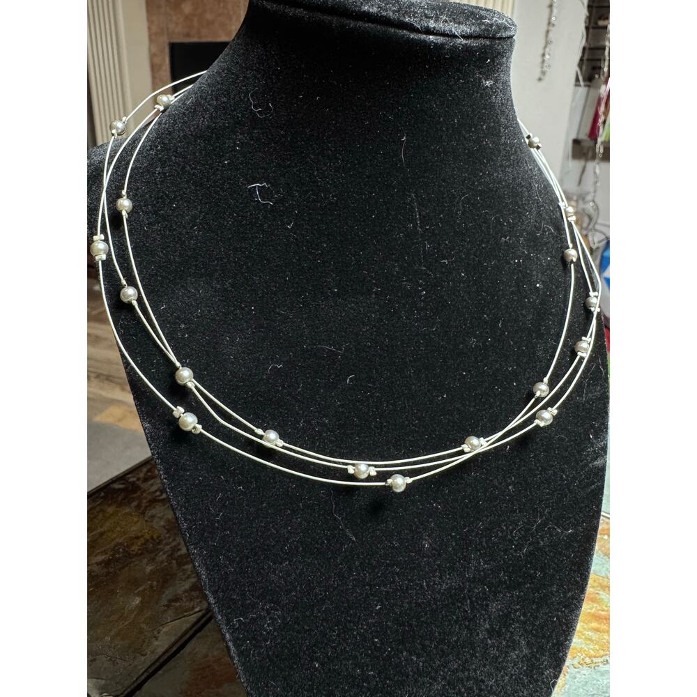 Silver-Tone Triple Strand Floating Bead Necklace | Minimal Layered Wire Chain